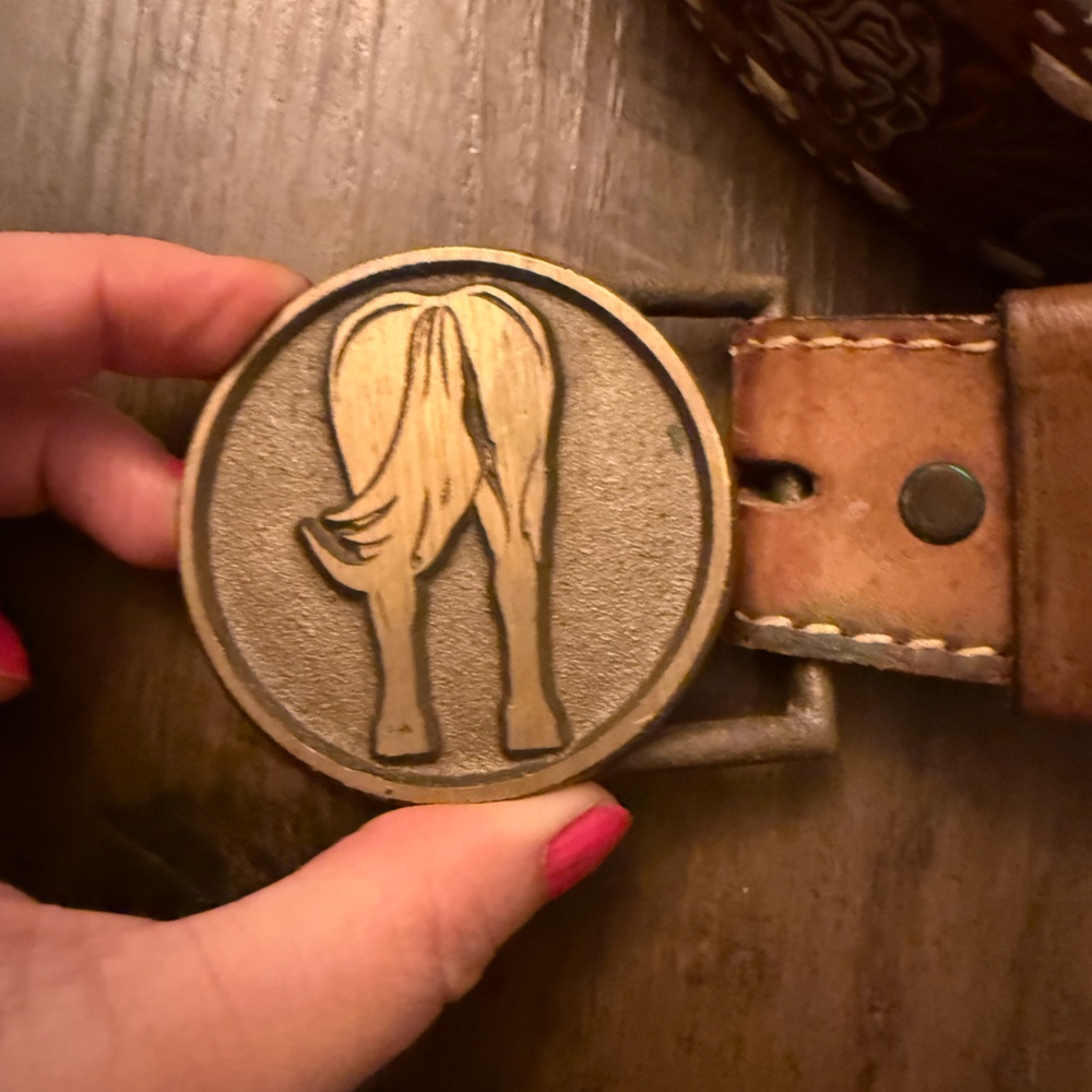 Vintage Brown Leather Belt with Embossed Buckle - with the name Linda on belt